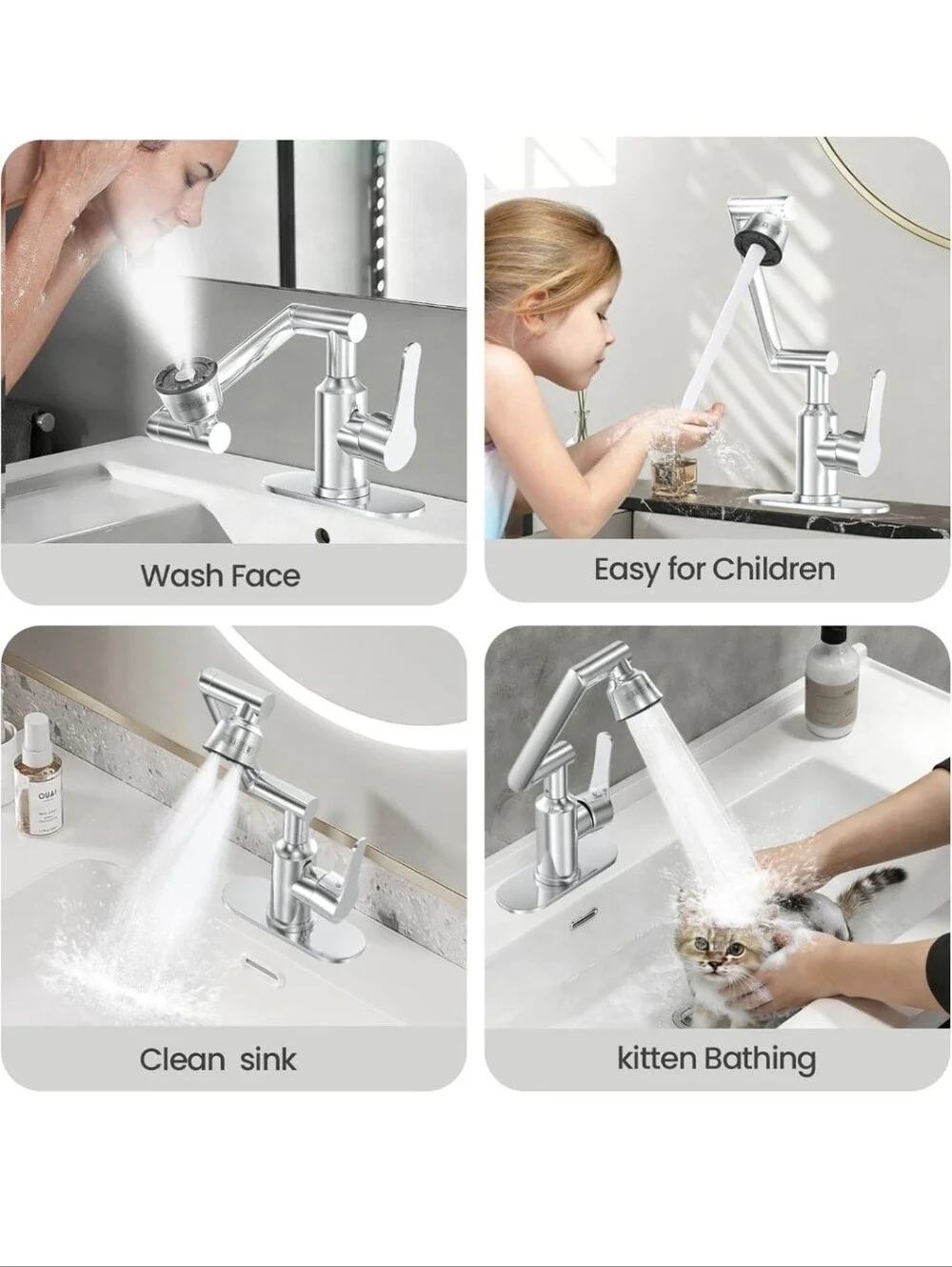 Bathroom Sink Faucet, FunnyAir Stainless Steel 1080° Rotatable Faucet for Sink